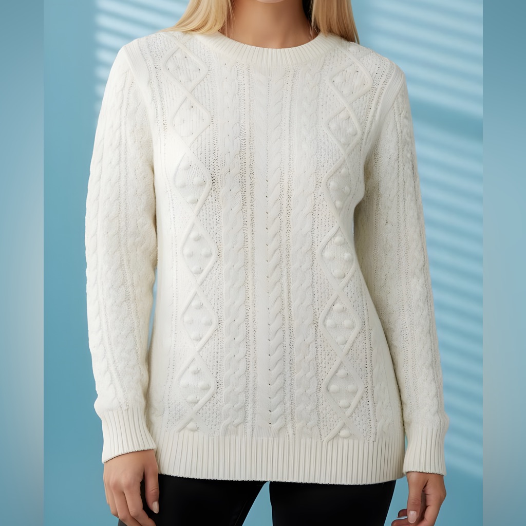 Zara Knit Cream Cable Knit Sweater With Pom Pom Accents -- M